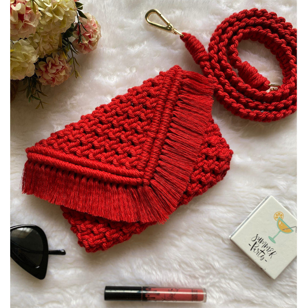 Vshape Solid Sling Bag (Large 8x10 inch/Diamond Belt/Red) Knotmuch