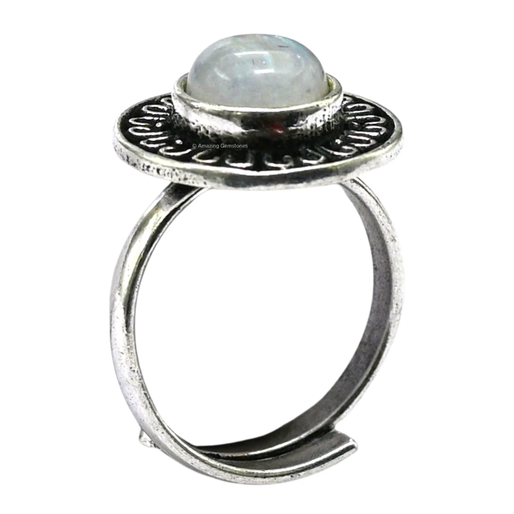 Rainbow Moonstone Crystal Bead Ring (Silver)