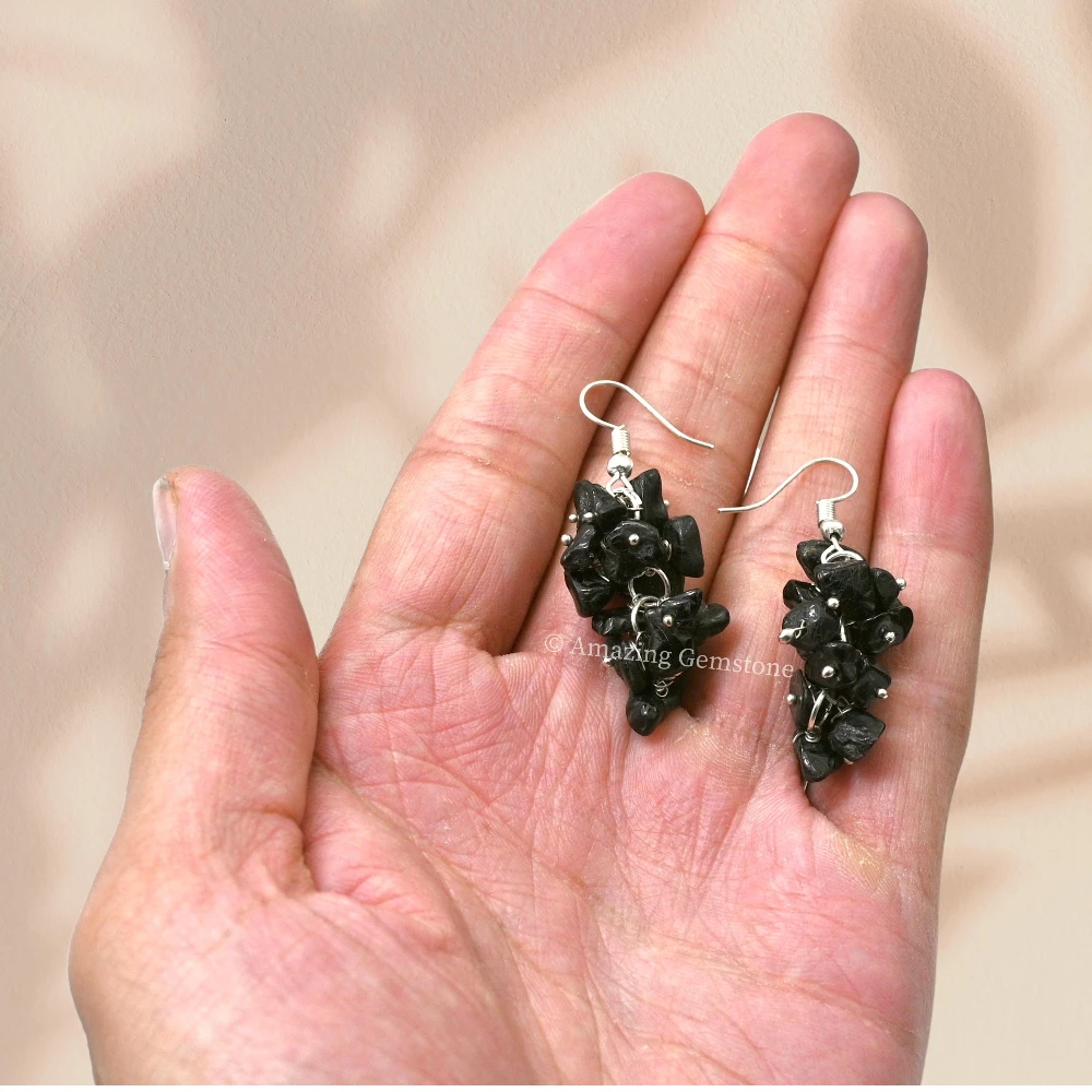 Black Tourmaline Crystal Earrings (Silver)