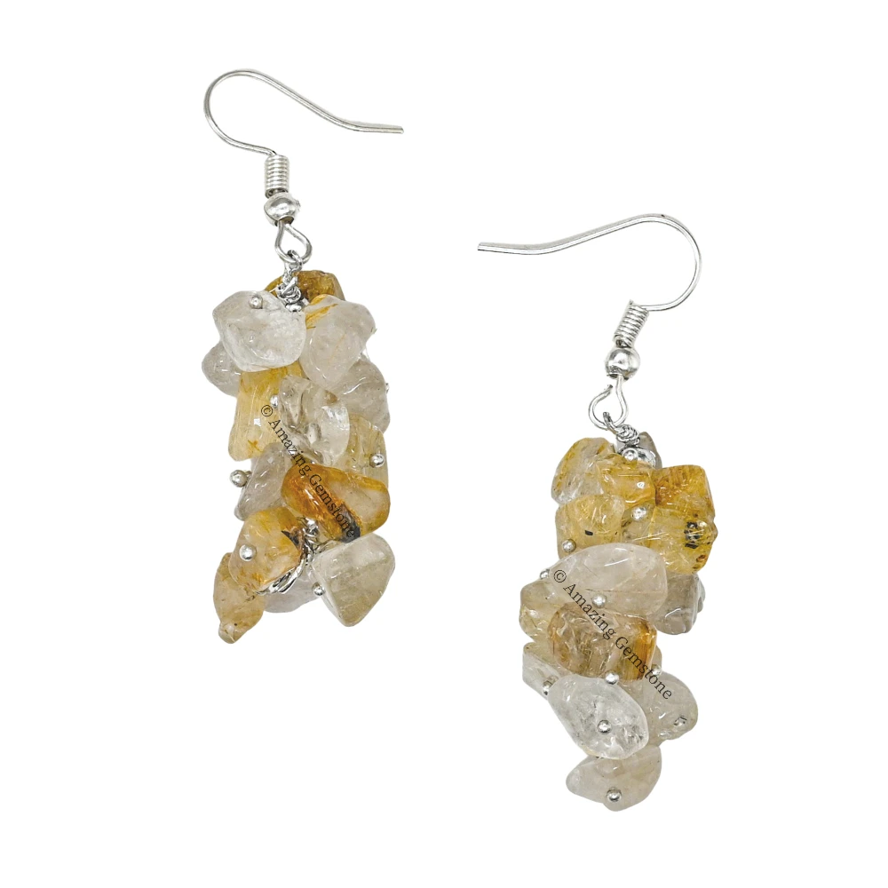 Golden Rutilated Quartz Crystal Earrings (Silver)