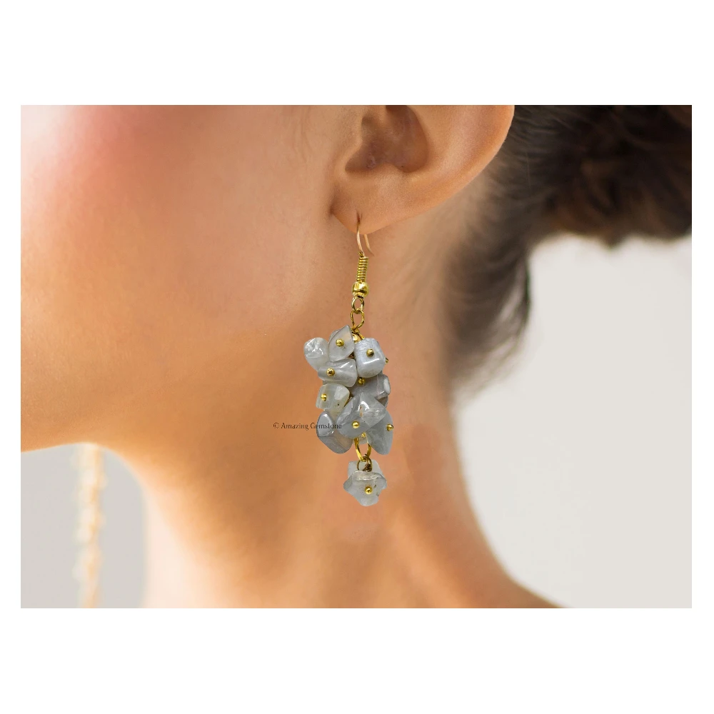 Grey Moonstone Crystal Earrings (Gold)