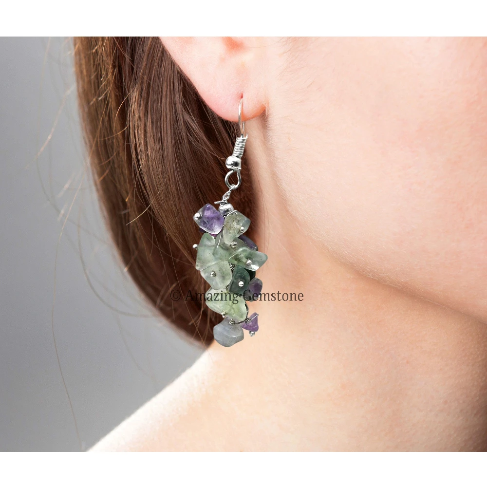 Multi Fluorite Crystal Earrings (Silver)