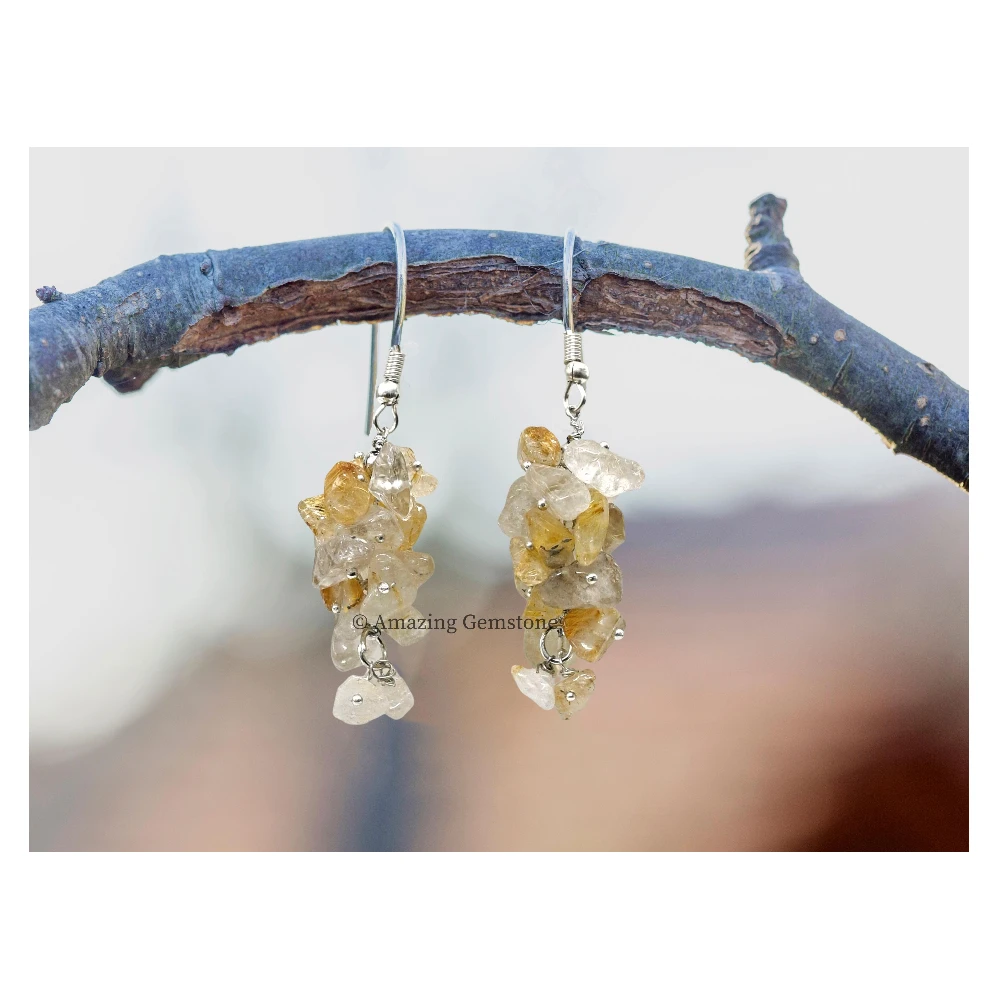 Golden Rutilated Quartz Crystal Earrings (Silver)