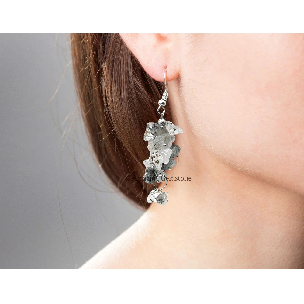 Black Rutilated Quartz Crystal Earrings (Silver)