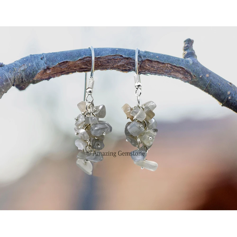 Grey Moonstone Crystal Earrings (Silver)