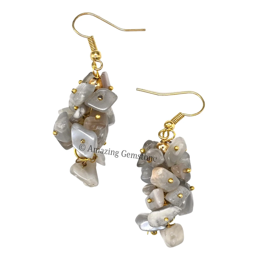 Grey Moonstone Crystal Earrings (Gold)
