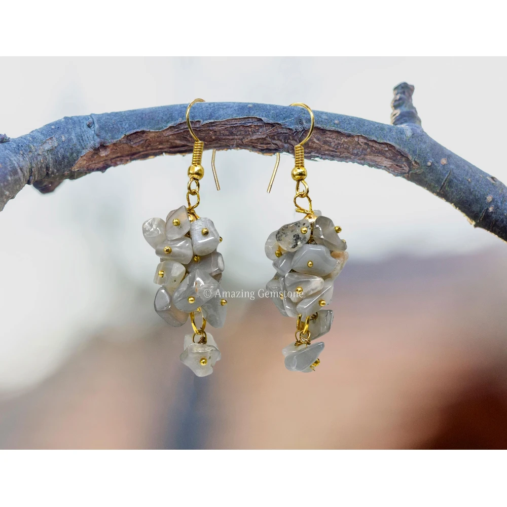 Grey Moonstone Crystal Earrings (Gold)