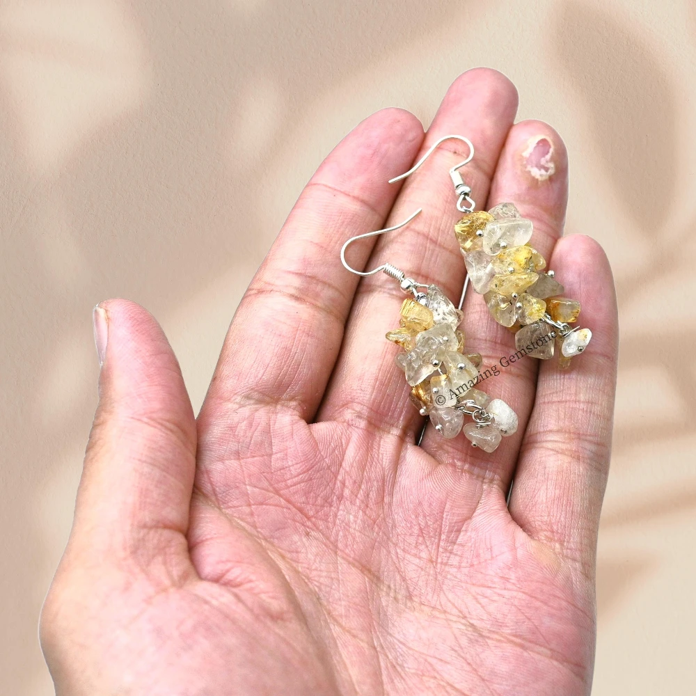 Golden Rutilated Quartz Crystal Earrings (Silver)