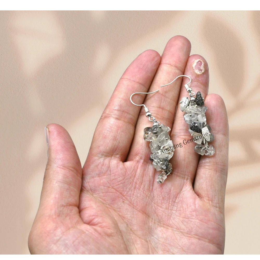 Black Rutilated Quartz Crystal Earrings (Silver)