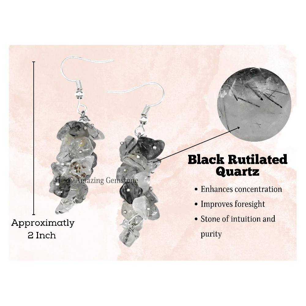 Black Rutilated Quartz Crystal Earrings (Silver)