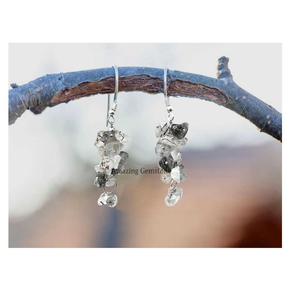 Black Rutilated Quartz Crystal Earrings (Silver)