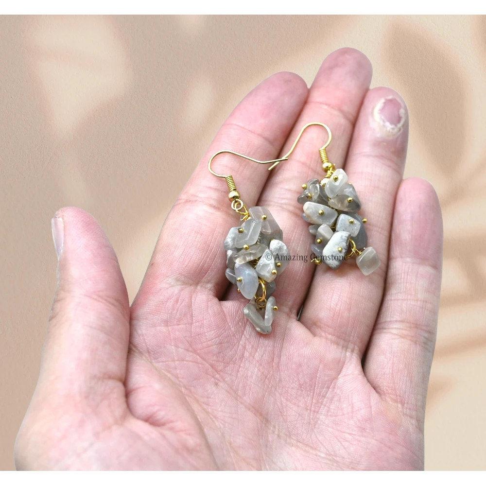 Grey Moonstone Crystal Earrings (Gold)