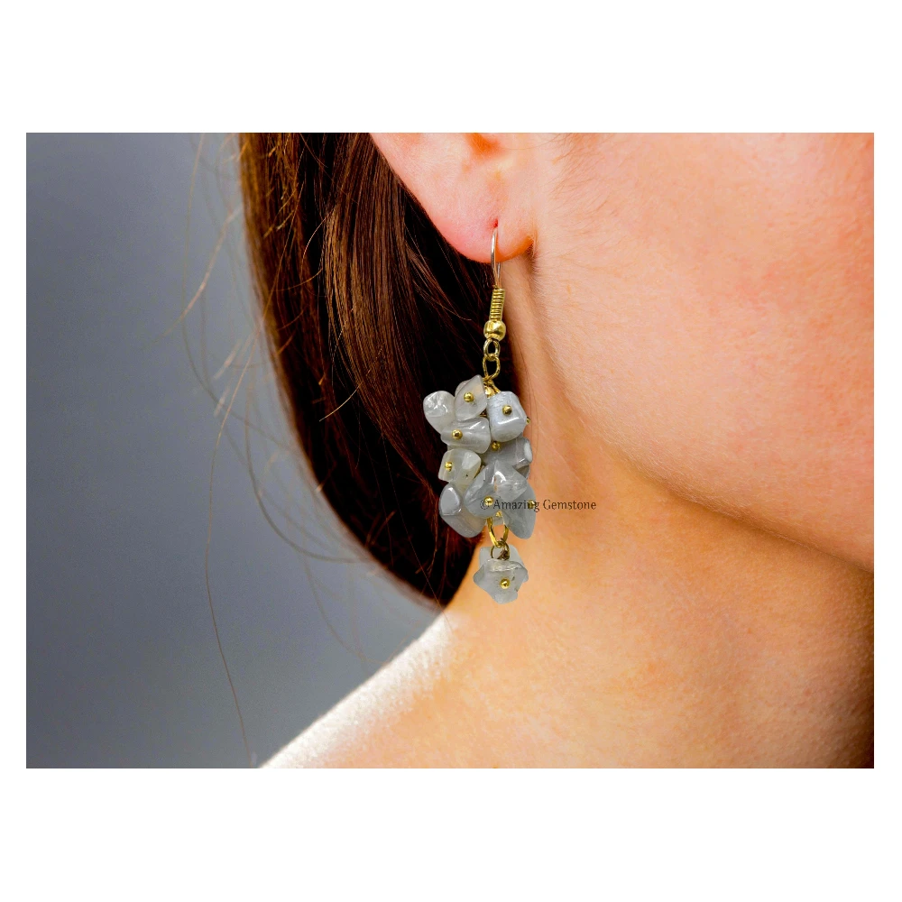 Grey Moonstone Crystal Earrings (Gold)