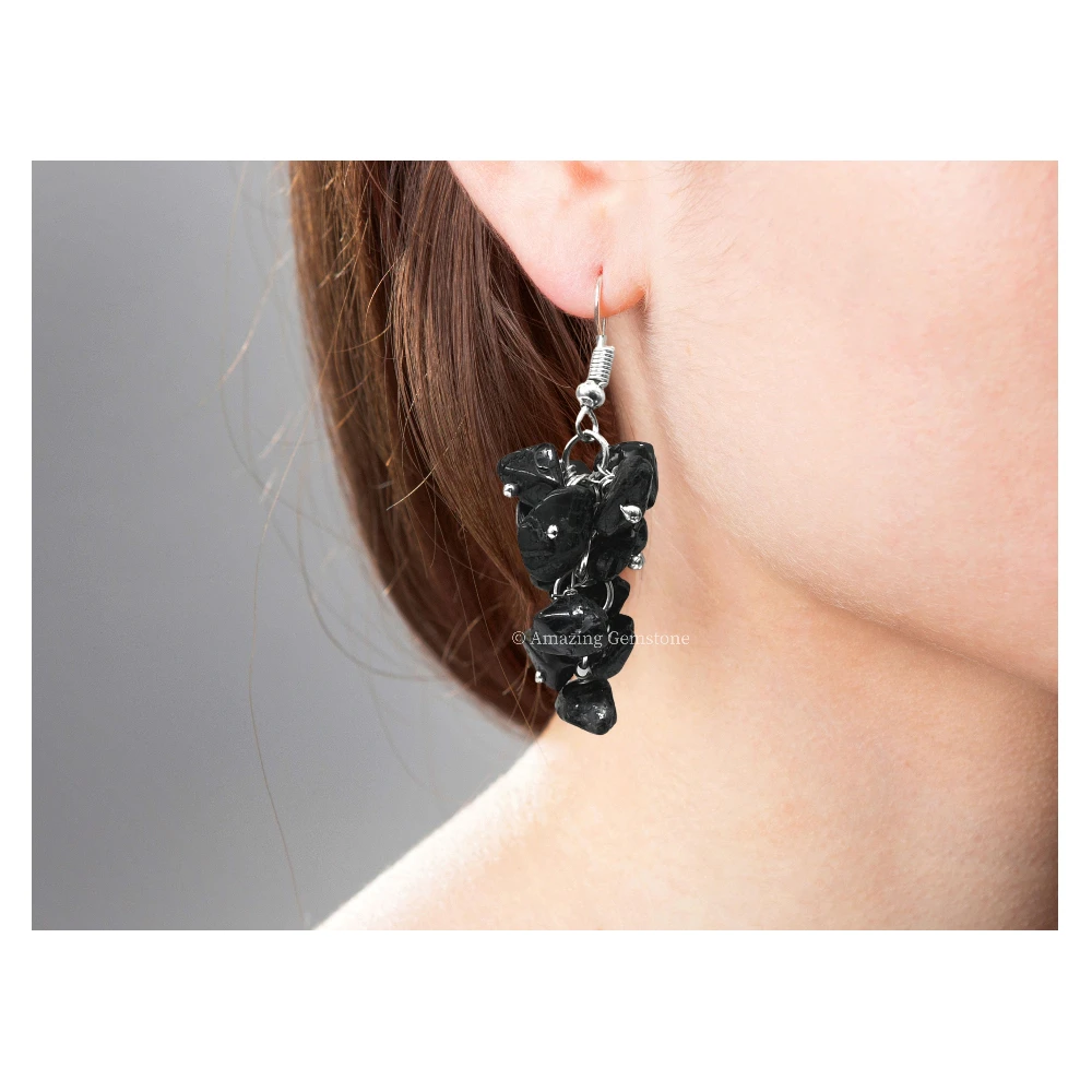 Black Tourmaline Crystal Earrings (Silver)