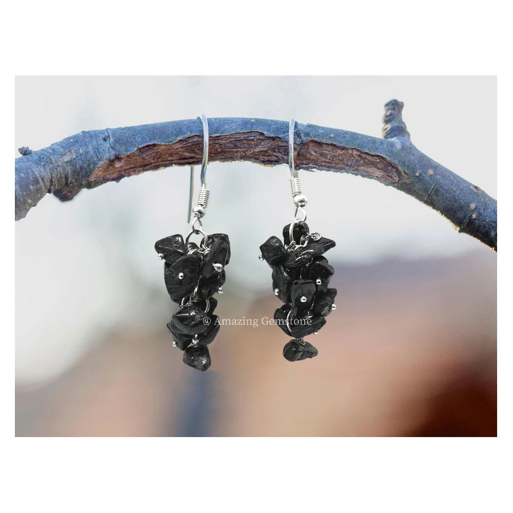 Black Tourmaline Crystal Earrings (Silver)