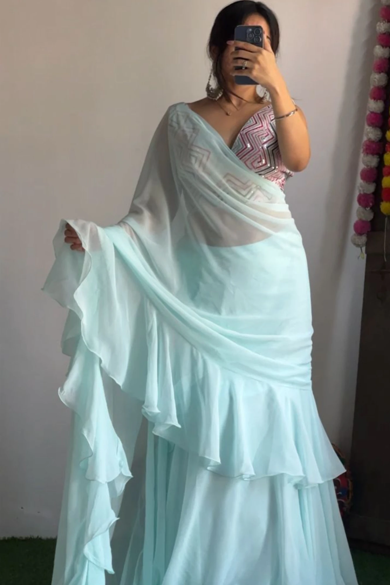Pink Solid Ruffled Saree with Blouse