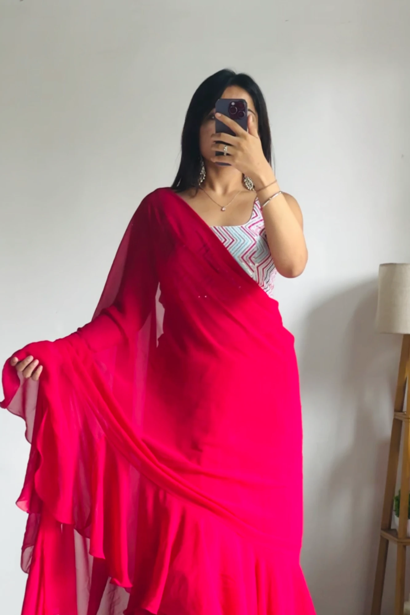 Bright Pink Flora ruffle saree main image 1
