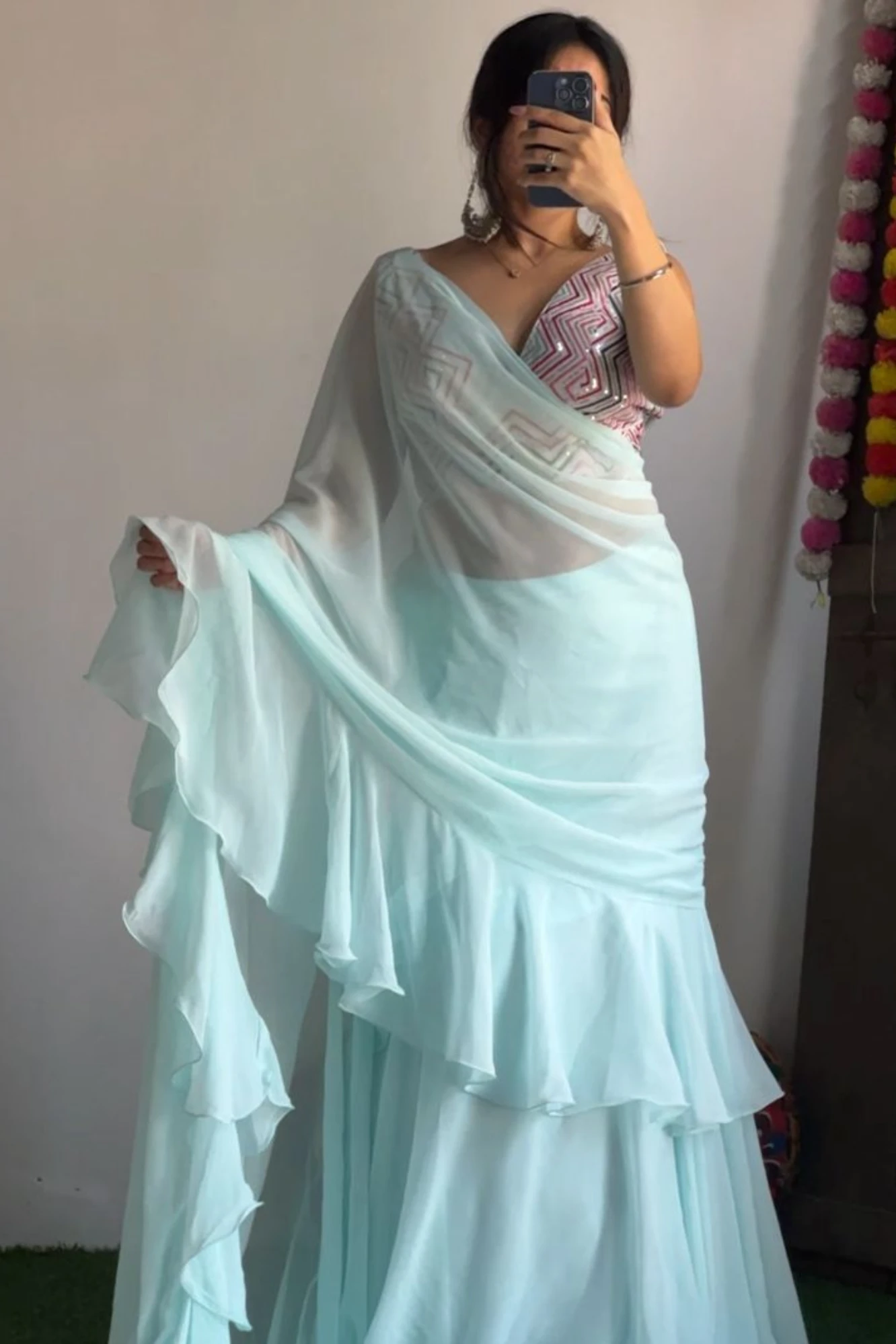 Vistavelle Aqua Blue Chiffon Embroidered Saree